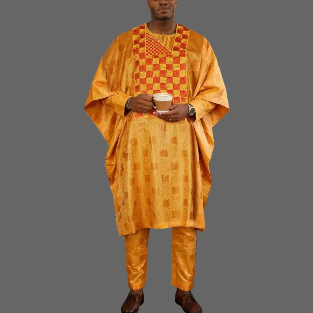African Men's Traditional Agbada Sets 3PCS Yellow Bazin Riche Embroidery Wedding Party Couple Suits boubou