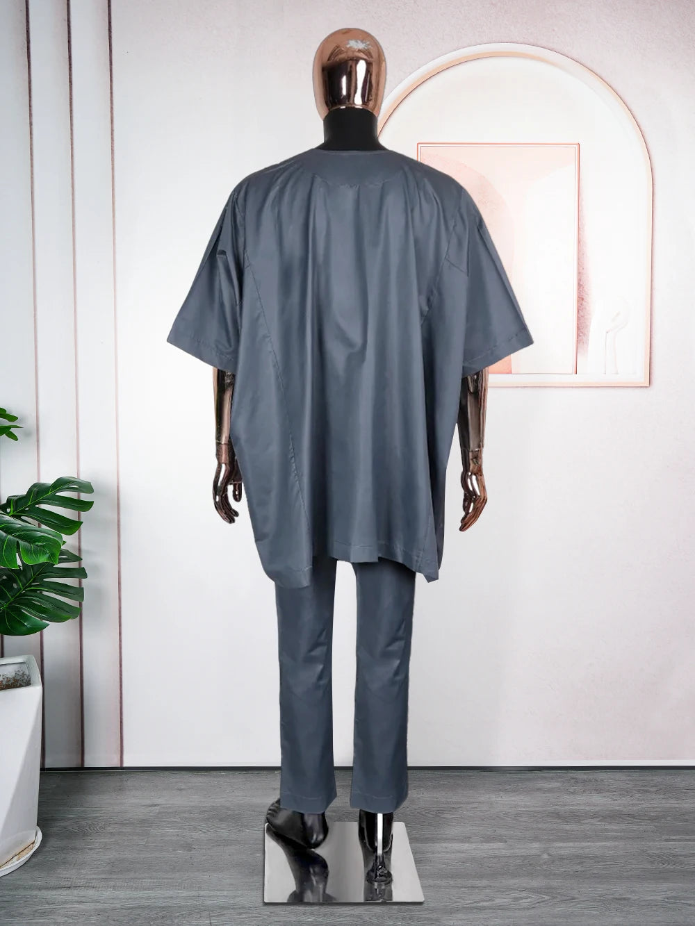 African Clothes for Men 2 Pieces Set Blue Embroidered Tops and Pants Traditional Clothing Rich Bazin