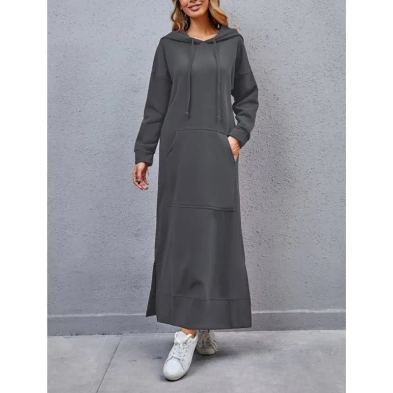 Women's Hoodie Midi Dress | Lace-Up Hem Casual Sweatshirt Long Dress | HotTrendyPicks