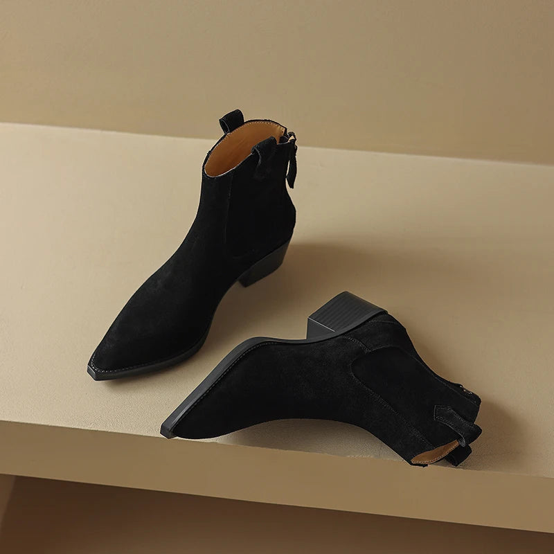 New 2025 Trend Autumn Cow Suede Women Western Boots Black Brown Khaki Chocolate Green Burgundy Pointed Toe Ladies Ankle Boots