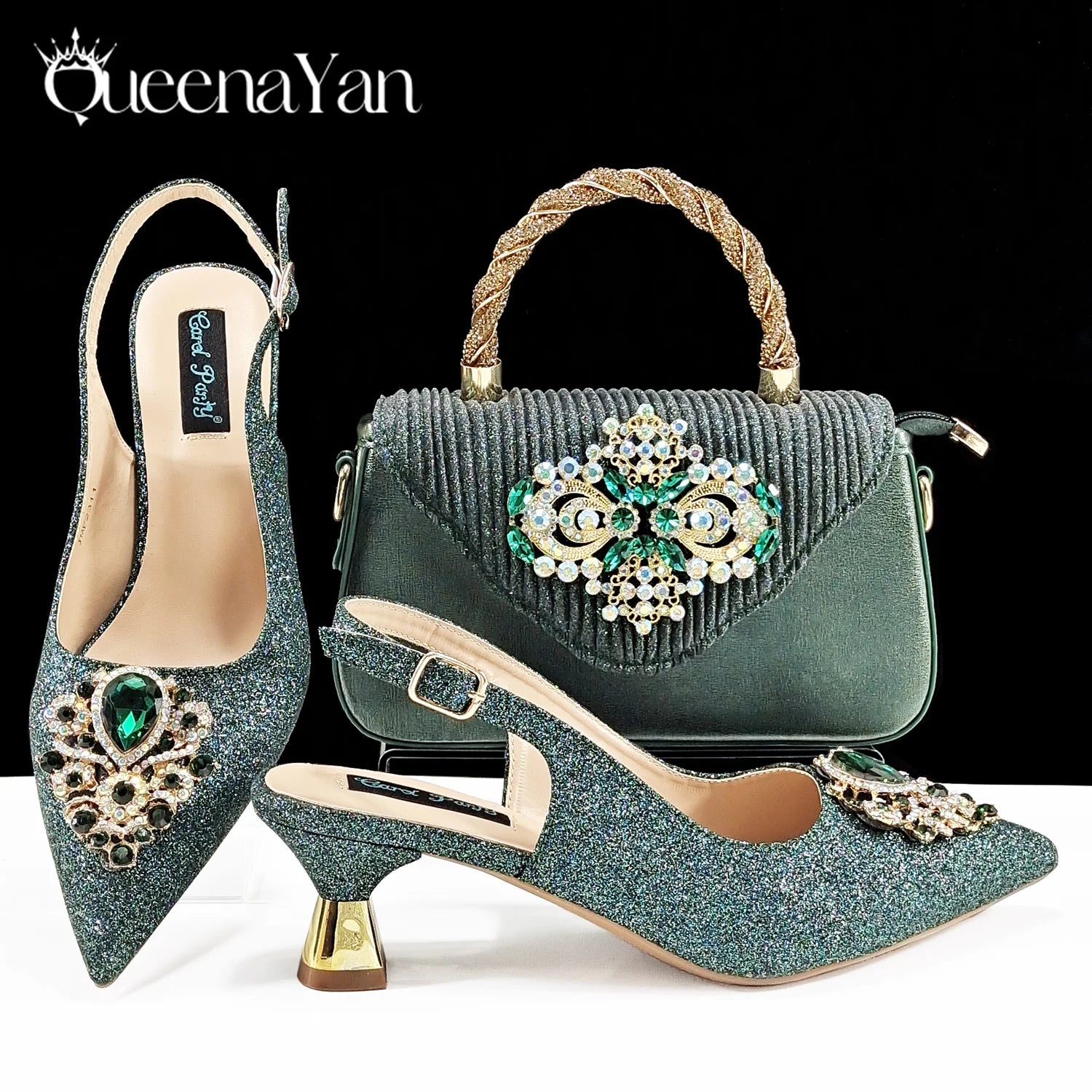 Italian Design Girly Style Silver Color Pointed Toe Wedding Shoes And Bag Full Diamond Decoration Handle Bag