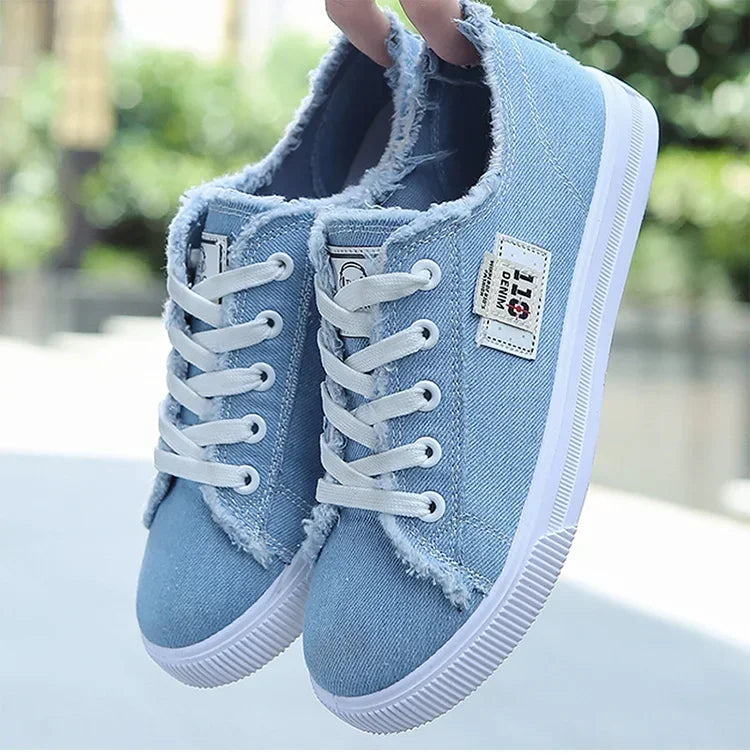 Women's Denim Canvas Sneakers | Low Top Lace-Up Flat Board Shoes | HotTrendyPicks