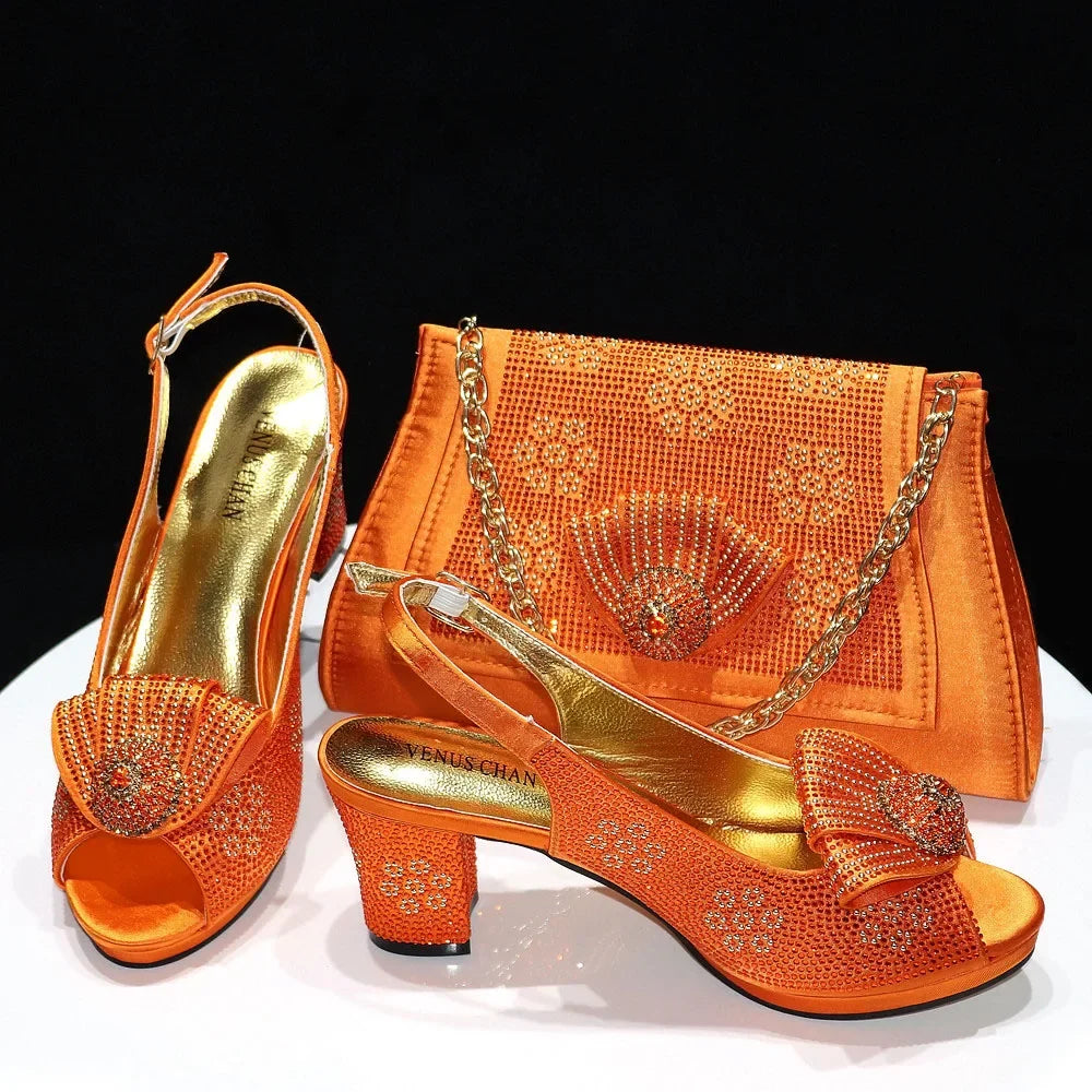 Italian Design Girly Style Golden Color Wedding Shoes And Bag Full Diamond Decoration Metal Closure Bags