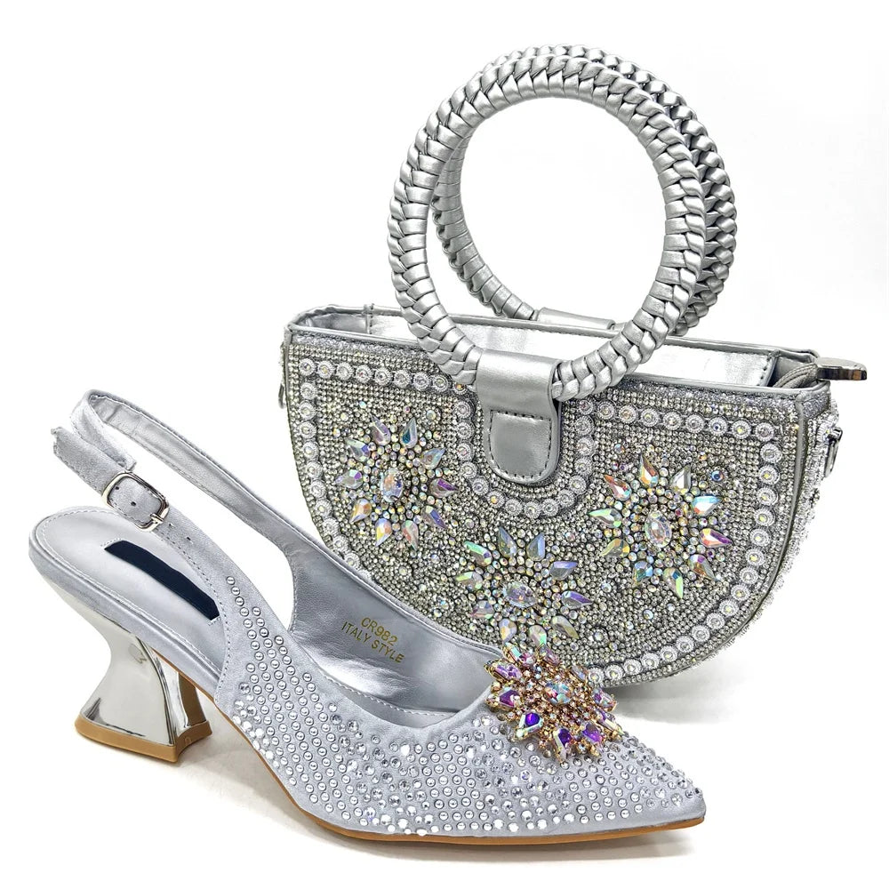 Italian Fashion Rhinestone Women Sanada Shoes And Bag Set Summer Style Woman Pumps Shoes And Bag Matching Set For Party