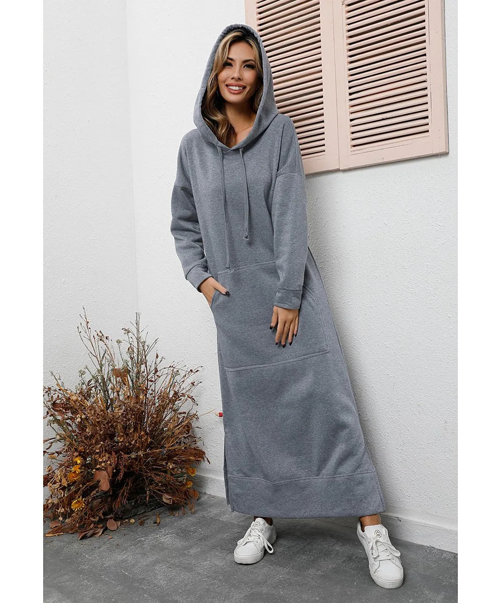Women's Hoodie Midi Dress | Lace-Up Hem Casual Sweatshirt Long Dress | HotTrendyPicks