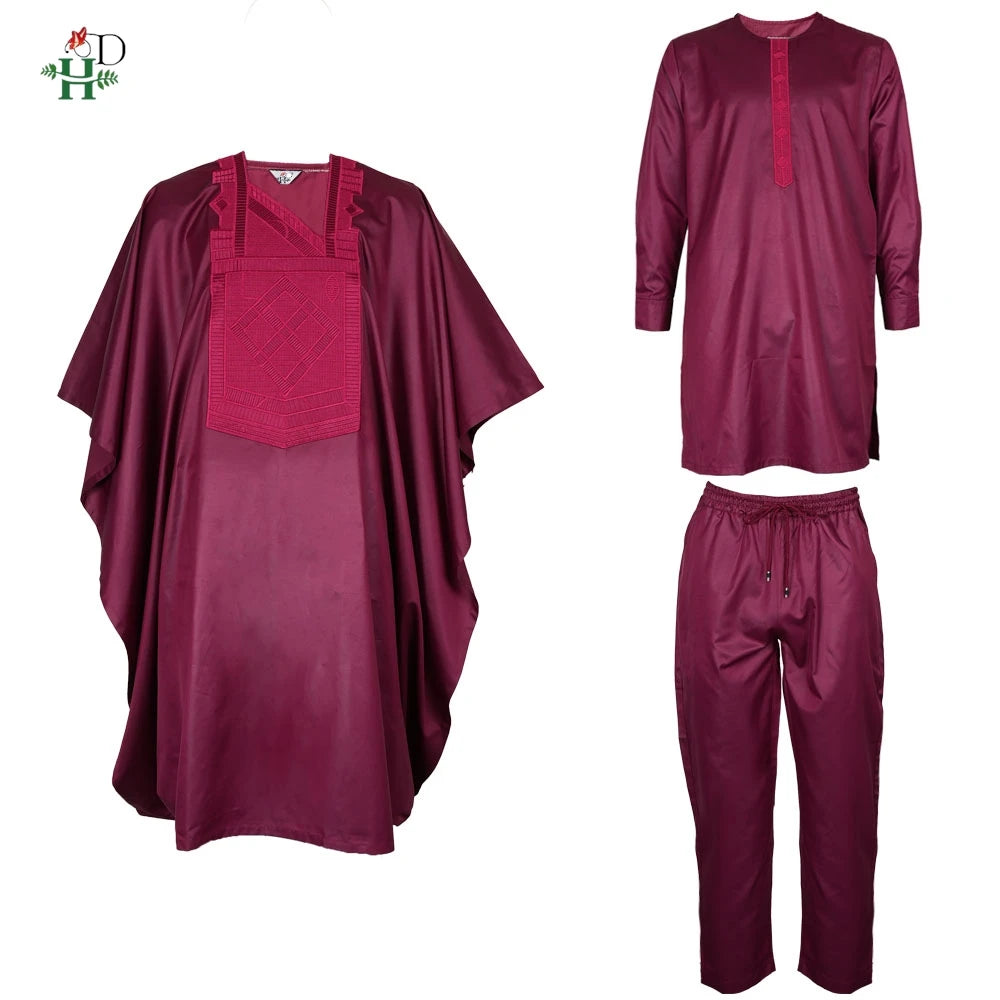 African Dresses For Couple Burgundy Traditional Men 3PCS Embroidered Outfit Set Sequin Floral Mermaid Robe Wedding Party Dress
