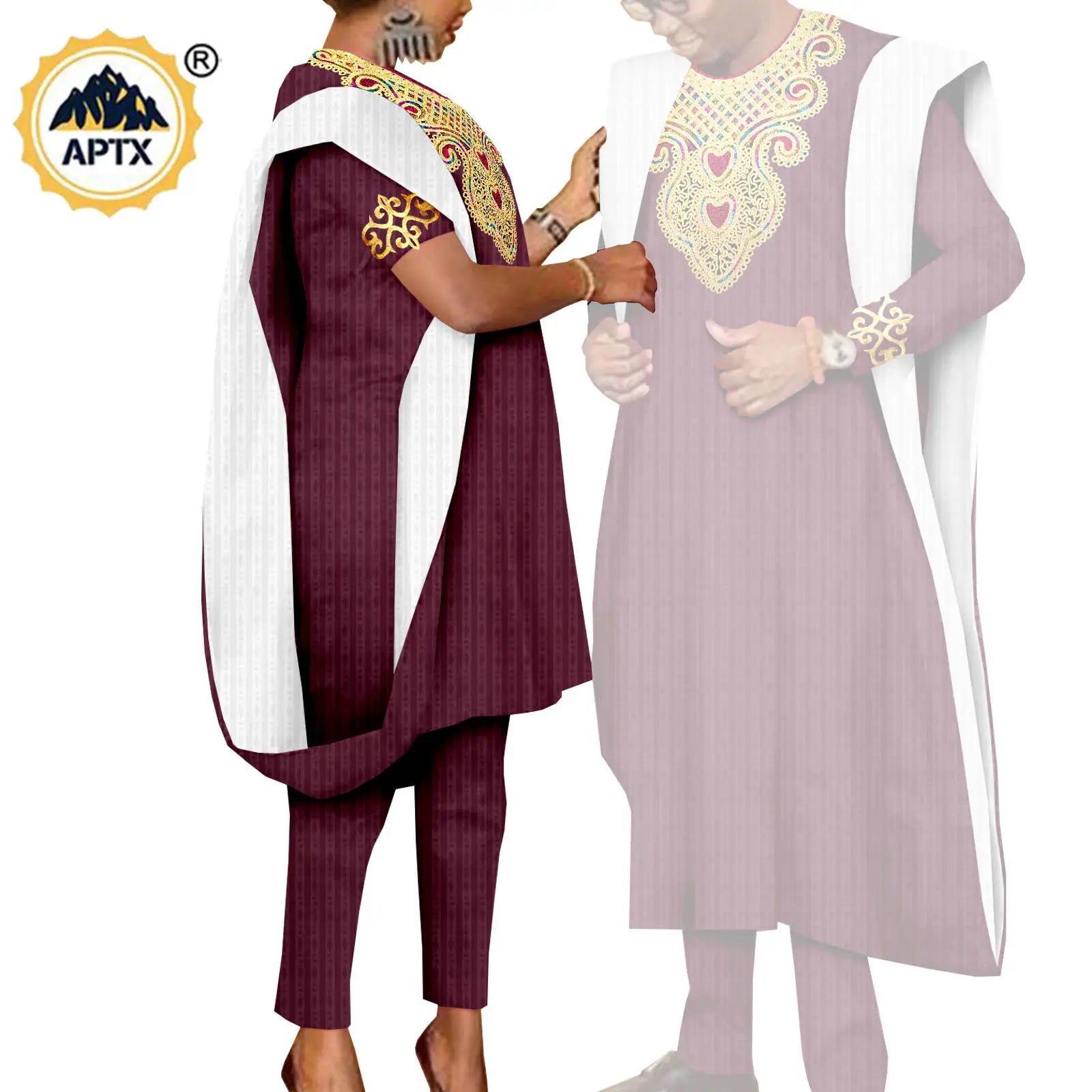 African 3 Pieces Suit for Men Matching Couple Outfits Agbada Dashiki Women Muslim Sets Bazin Riche Applique Robes Asoebi Y23C029