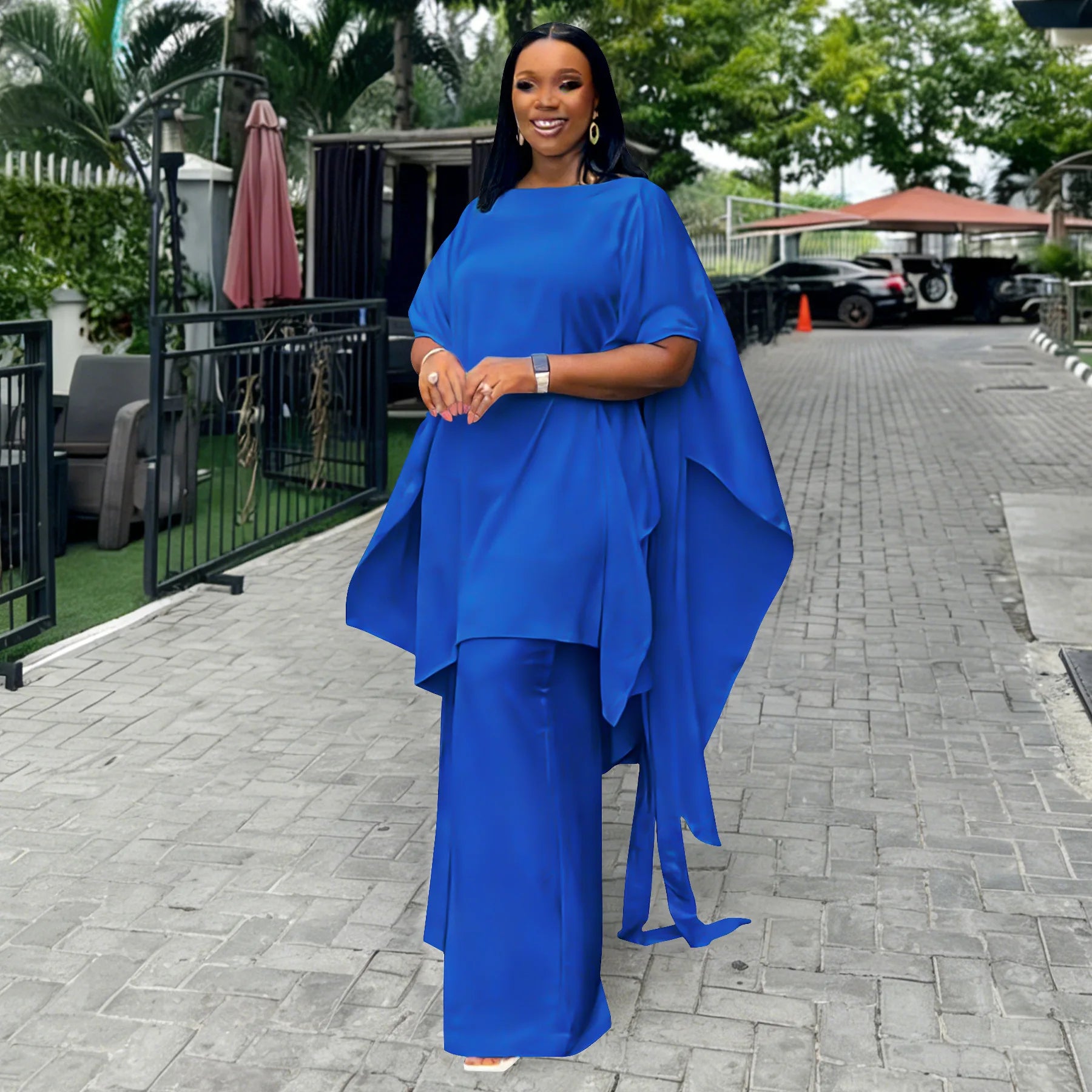 Plus Size Summer N8172 Silk Satin Set Design Shoulder Shawl Top Wide Leg Pants Outfit Elegant Street Style for Women Universa...