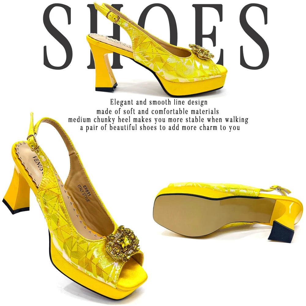 Elegant Women Heels for Peep Toe Good Material Design Rhinestone Fuchsia Sandals Italian Shoes and Bags