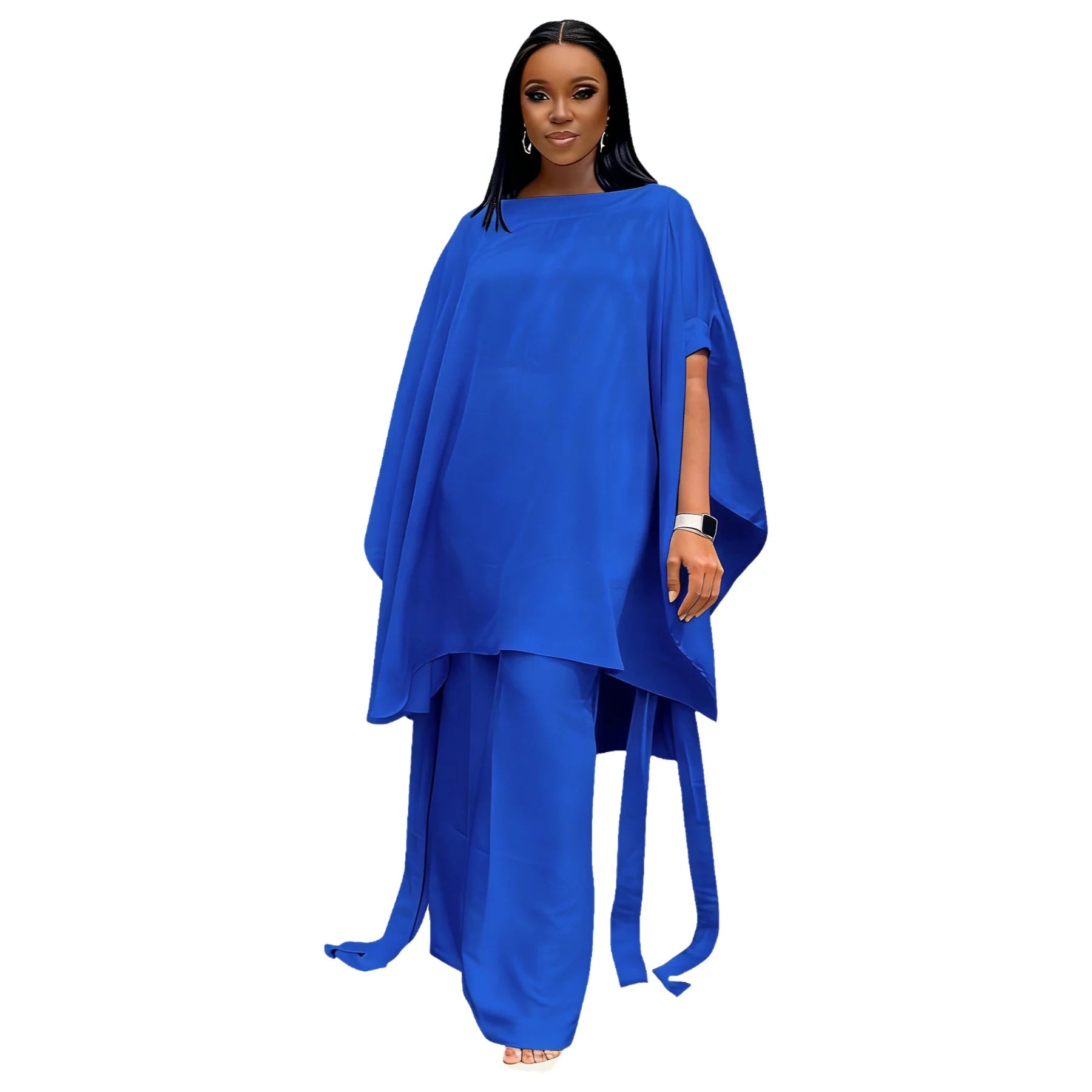 Plus Size Summer N8172 Silk Satin Set Design Shoulder Shawl Top Wide Leg Pants Outfit Elegant Street Style for Women Universa...