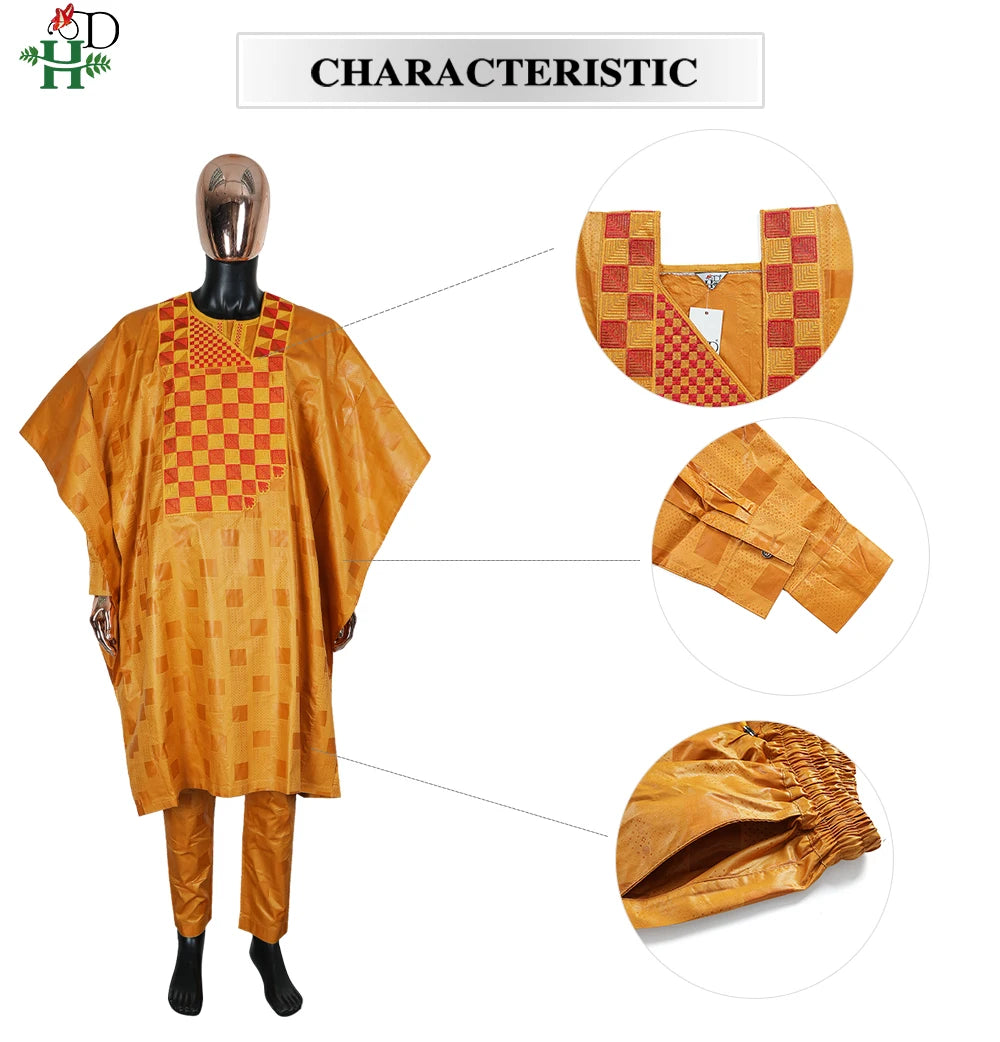 African Men's Traditional Agbada Sets 3PCS Yellow Bazin Riche Embroidery Wedding Party Couple Suits boubou
