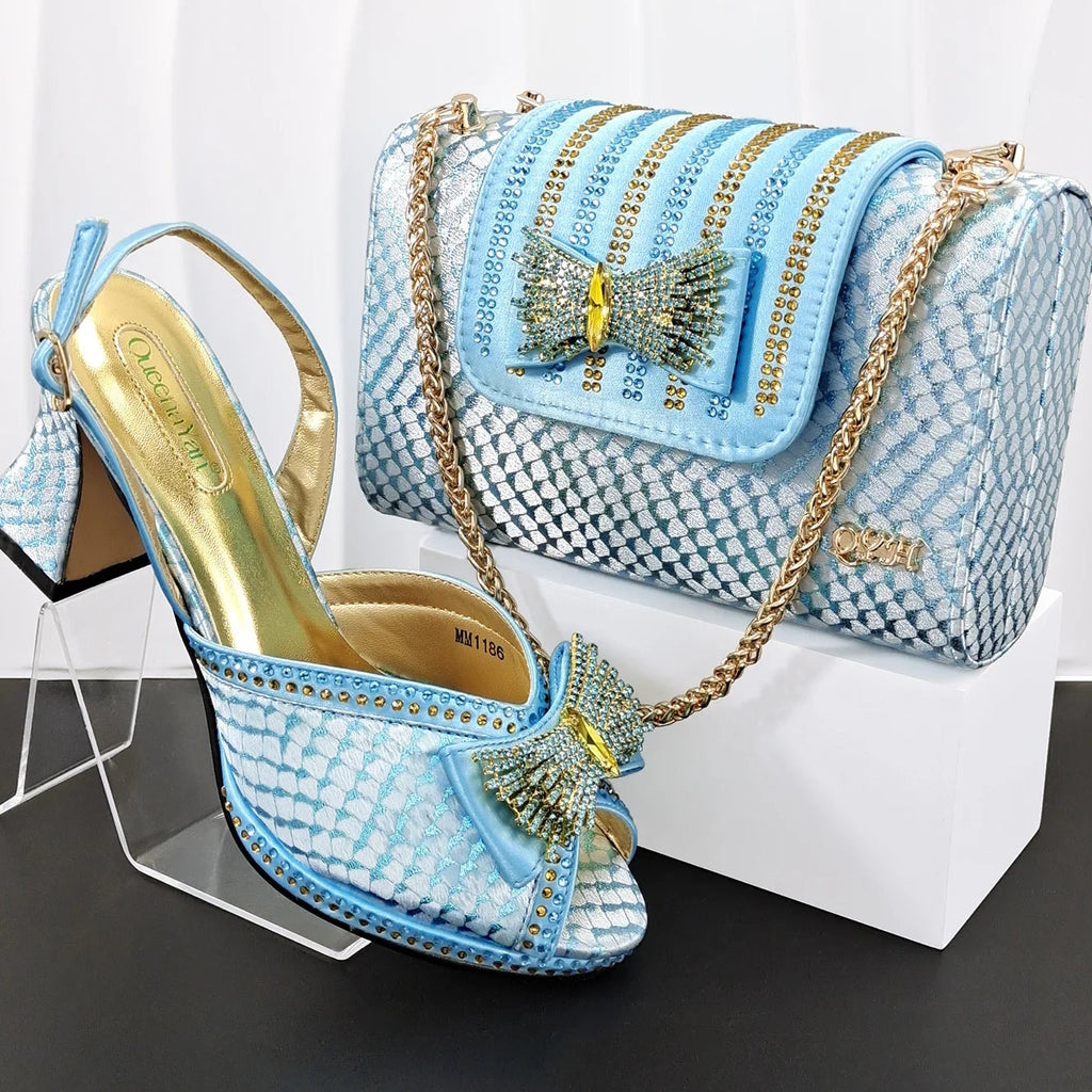 Women's Rhinestone Peep Toe High Heels & Handbag Set | Wedding Party Pumps