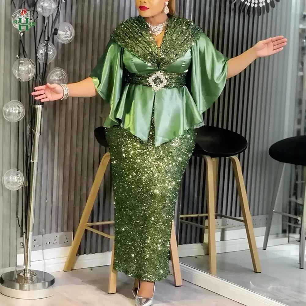 African Party Dresses For Women Sequin Wedding Evening Gown Plus Size Elegant Maxi Dress
