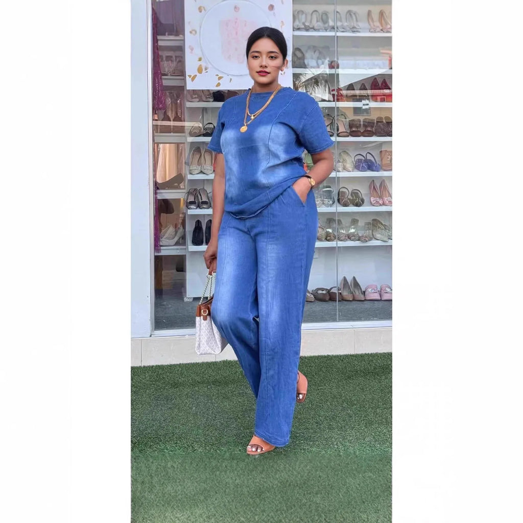 Women's Denim 2-Piece Set | Wide Leg Pants & Short Sleeve Top Streetwear | HotTrendyPicks