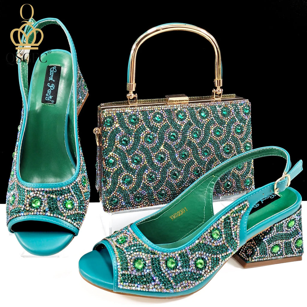 Women's Rhinestone Design Shoes and Bag Set Open Toe Comfortable Heels
