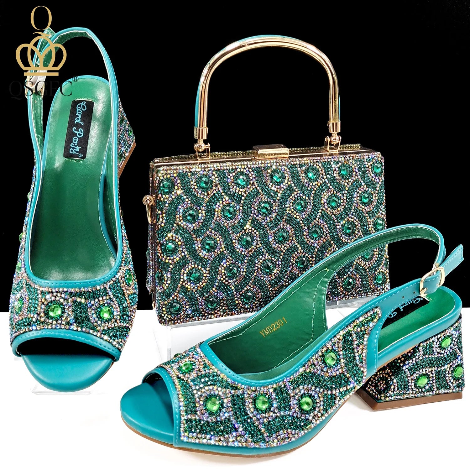 Women's Rhinestone Design Shoes and Bag Set Open Toe Comfortable Heels