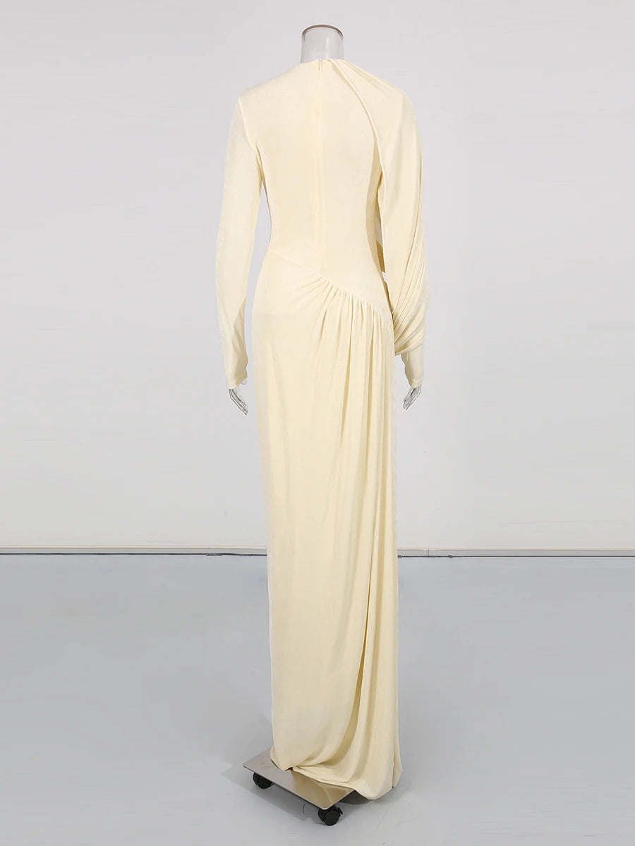 Spliced Folds Irregular Women Round Neck Long Sleeves Tunic Design Sense Long Dress