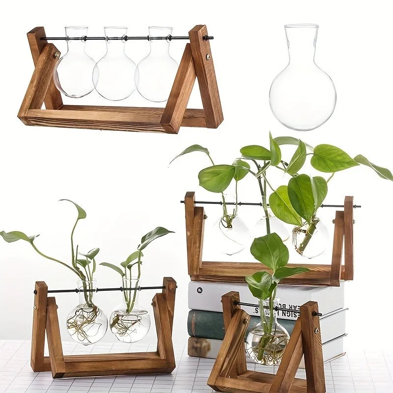 Glass Propagation Station | Hydroponic Plant Vases in Wooden Rack | HotTrendyPicks