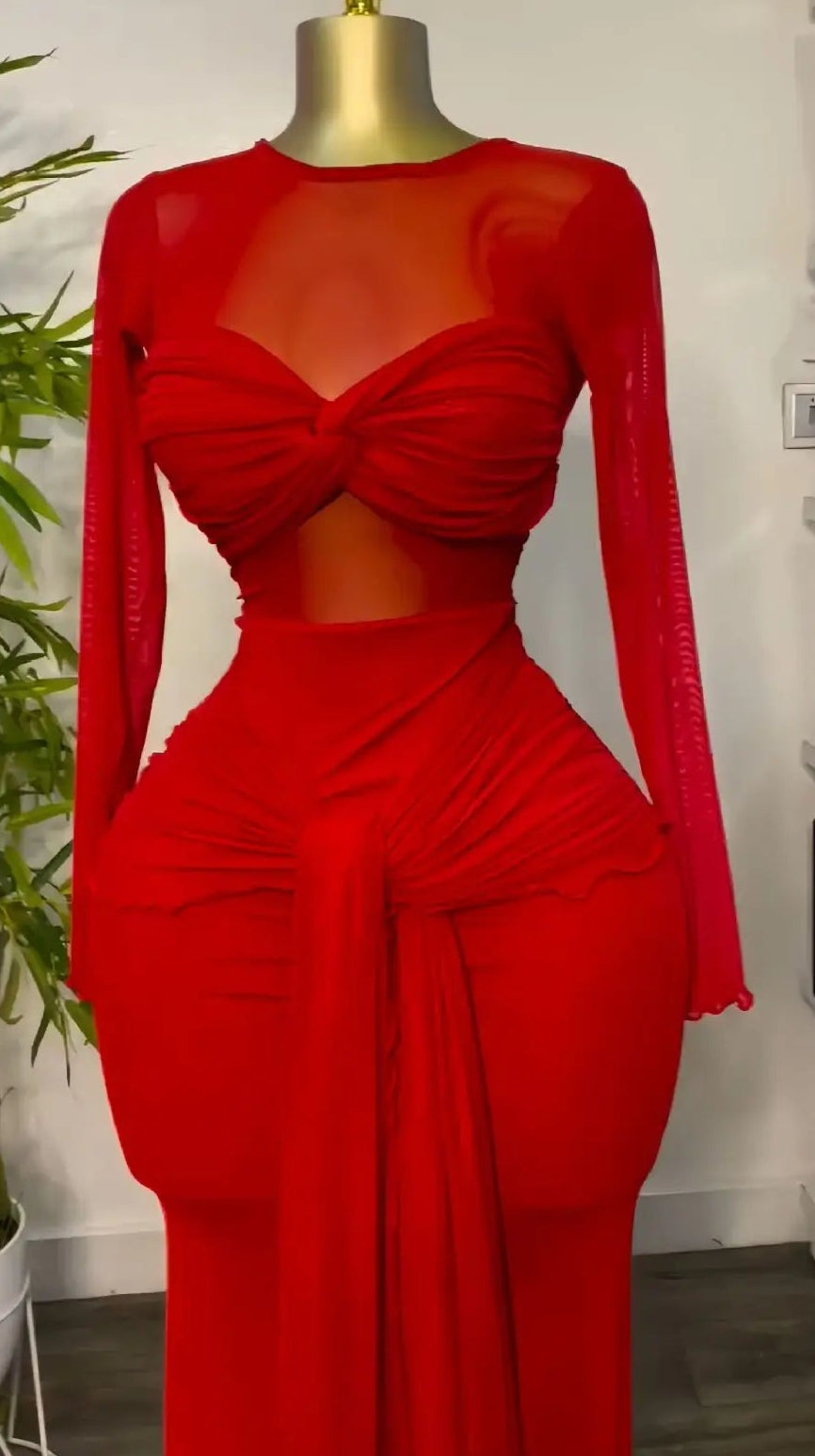 Mesh Maxi Dress with Bow-knot - Elegant Long Sleeve Sheer Dress for Women