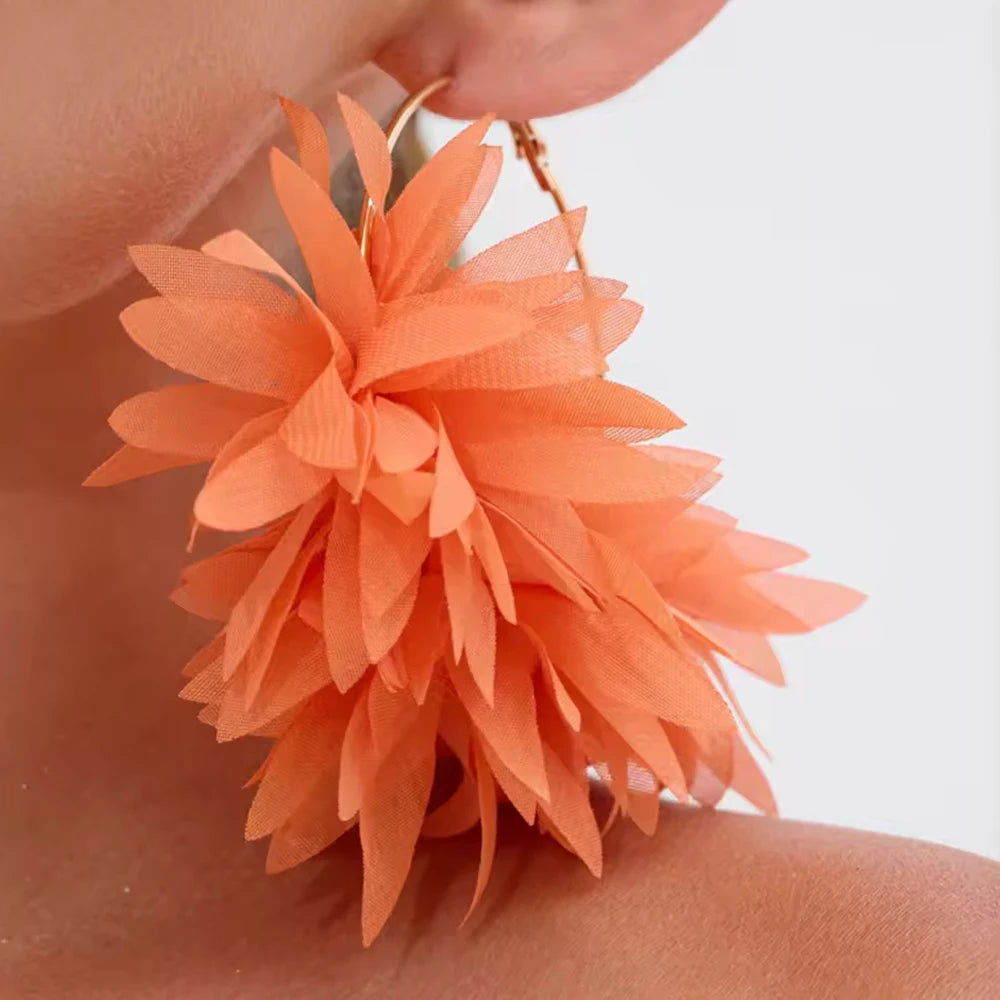 Fashion Orange Fabric Flower Hoop Earrings Women Party Accessories Elegant Bohemian Large Round Earrings SummerJewerlry Gift