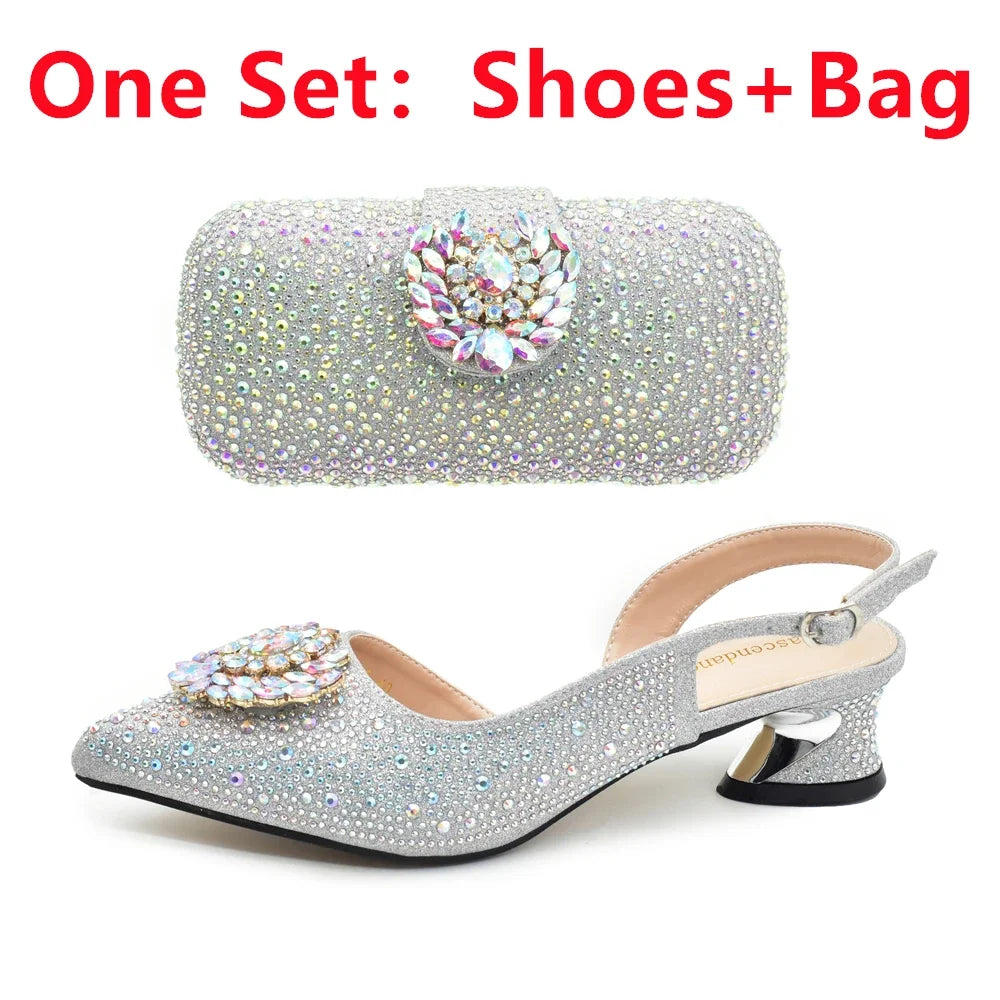 Elegant Italian Women's Rhinstone Pumps Heels Shoes and Bag Set To Match for