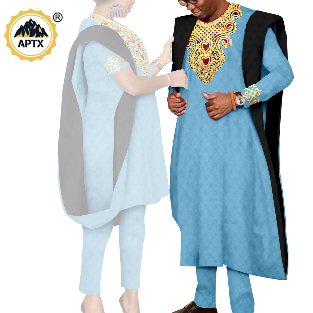 African 3 Pieces Suit for Men Matching Couple Outfits Agbada Dashiki Women Muslim Sets Bazin Riche Applique Robes Asoebi Y23C029
