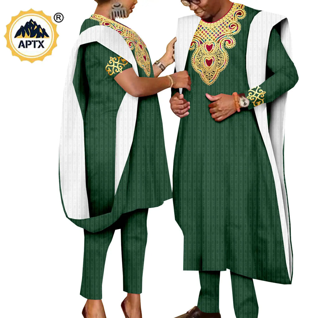 African 3 Pieces Suit for Men Matching Couple Outfits Agbada Dashiki Women Muslim Sets Bazin Riche Applique Robes Asoebi Y23C029