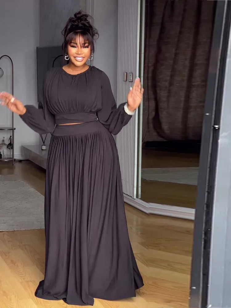 Women's Clothing Autumn 2-piece Long Sleeve Top and Long Skirt Set Casual Dress