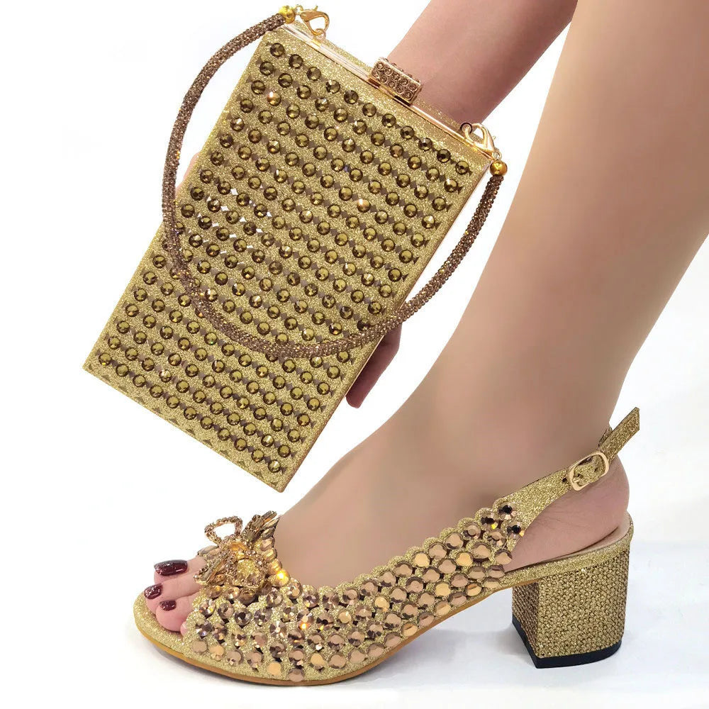 Italian Design Full Drill Elegant Wine Evening High Heels Wedding Party Shoes Matching Clutch Handbag
