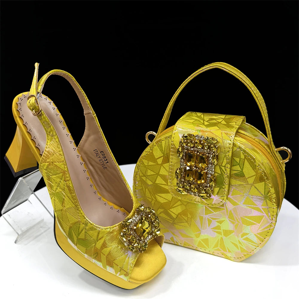 Elegant Women Heels for Peep Toe Good Material Design Rhinestone Fuchsia Sandals Italian Shoes and Bags
