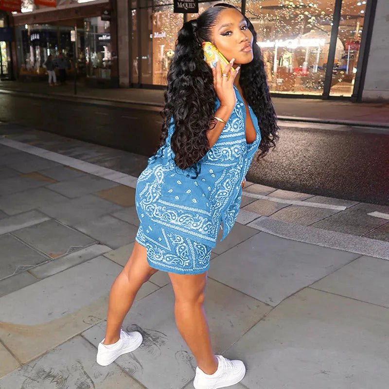 Fashion Paisley Bandana Print 2 Two Piece Sets Women Tracksuit Short Sleeve Shirt + Shorts Sets Female Outfits Matching