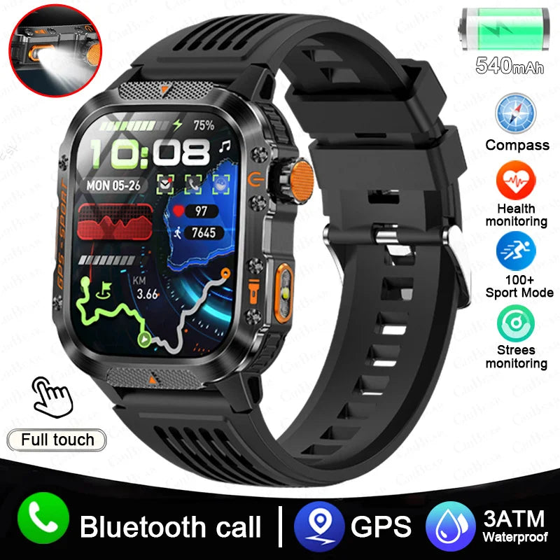 Military GPS Smartwatch Men | 2.01" AMOLED Flashlight Bluetooth 3ATM Waterproof