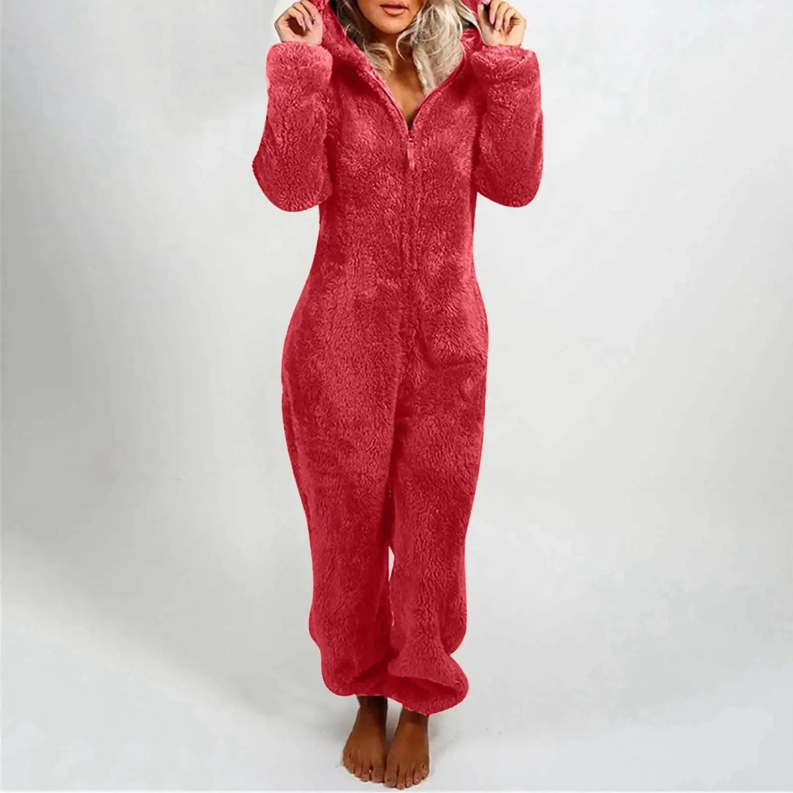 Autumn Winter Thick Fleece Women's Onesie Pajamas with Hat Casual Style Comfortable Soft Fabric