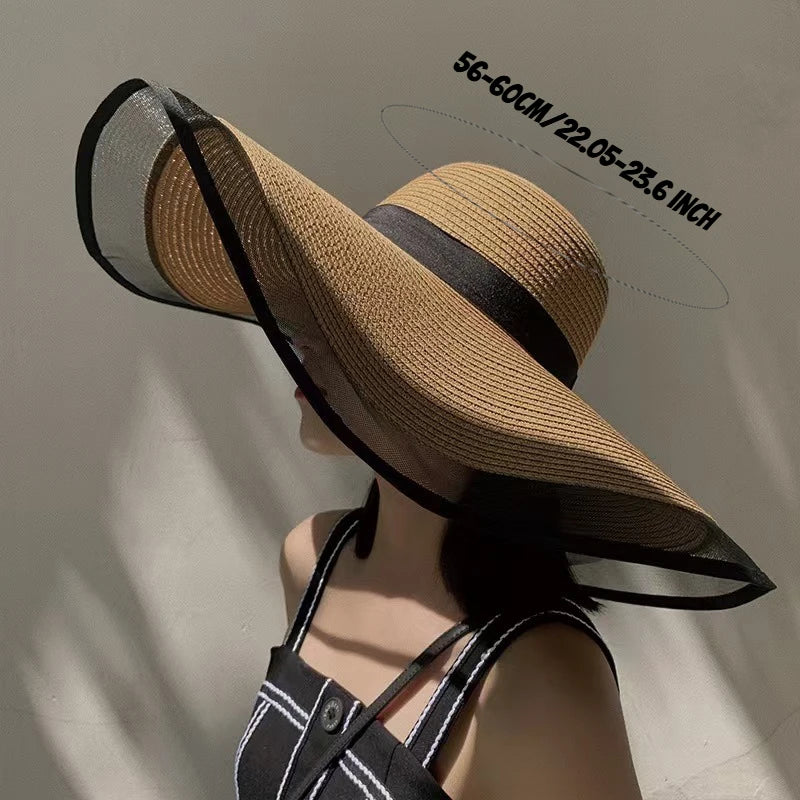 1pc Sun Hat Big Eaves Waves Beach Cap for Women,Summer Straw Hats Big Brim Sun Visors UV Foldable Bucket Panama Caps for Tralve
