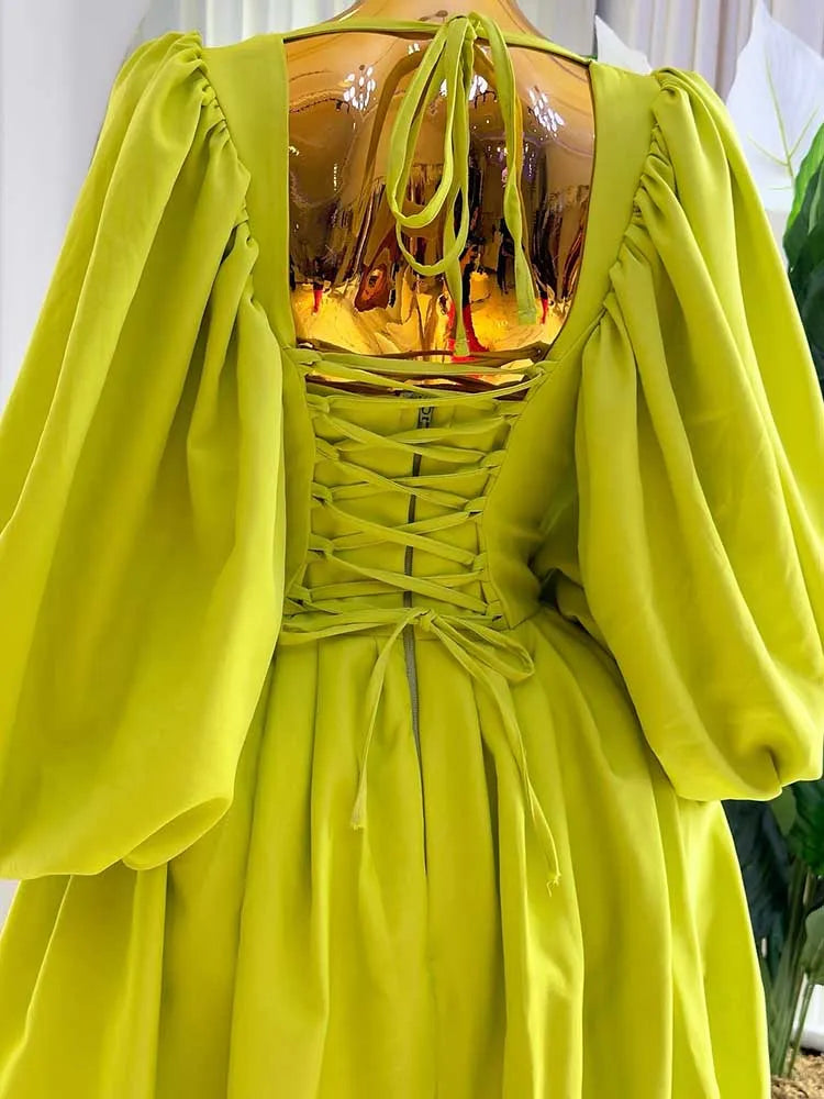 Women Ruched Sleeves Spring High Waist Elegant Slash Neck Long Sexy Green Dress