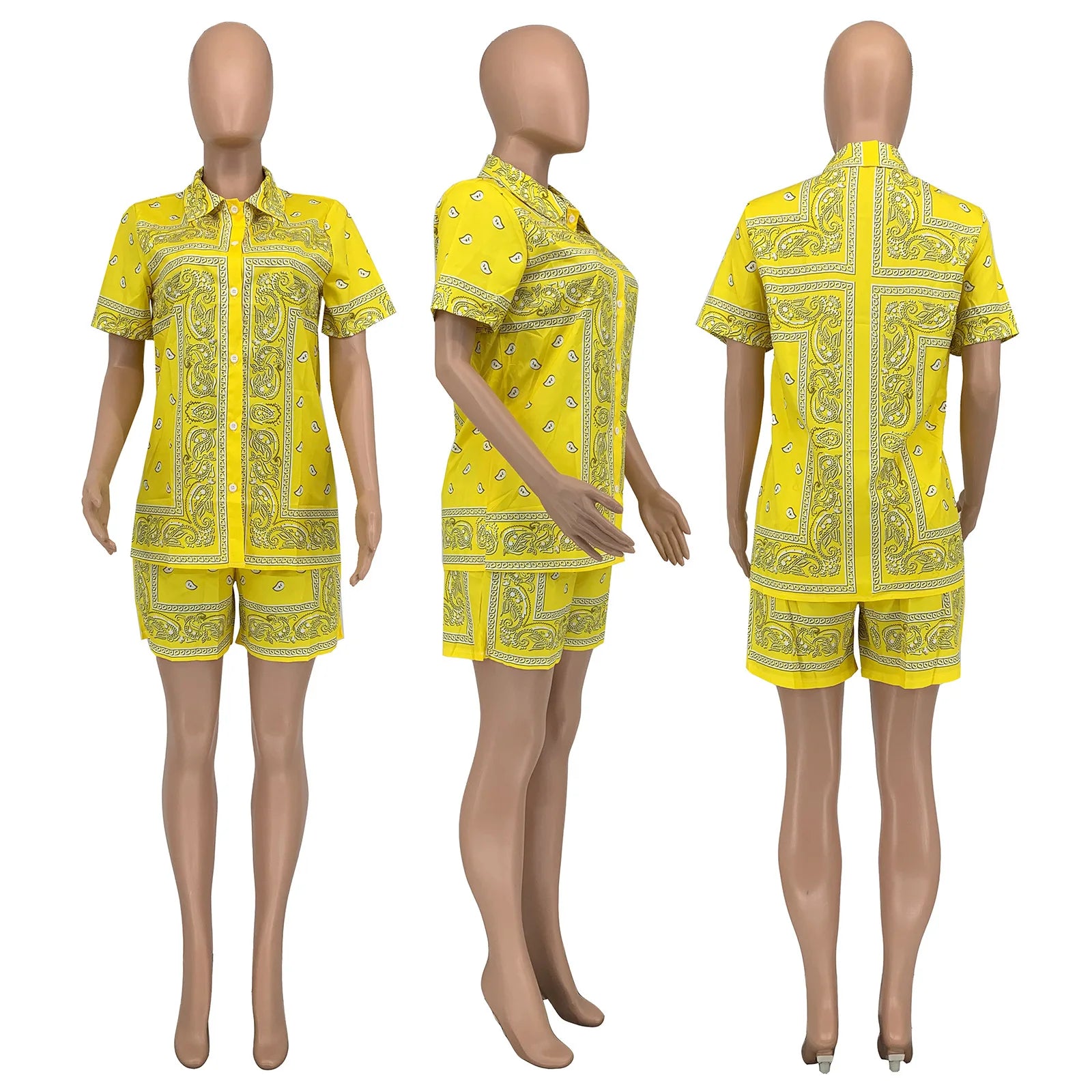 Fashion Paisley Bandana Print 2 Two Piece Sets Women Tracksuit Short Sleeve Shirt + Shorts Sets Female Outfits Matching