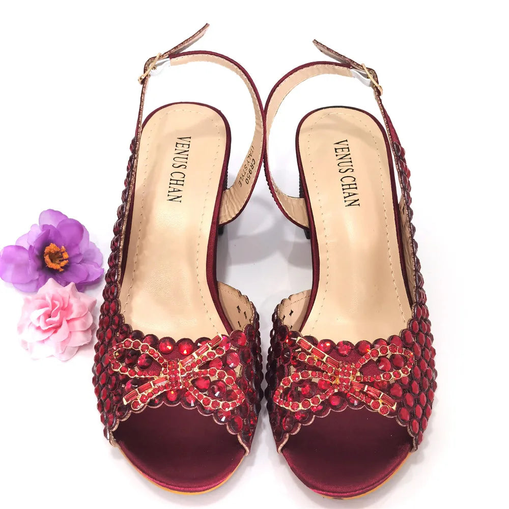 Italian Design Full Drill Elegant Wine Evening High Heels Wedding Party Shoes Matching Clutch Handbag