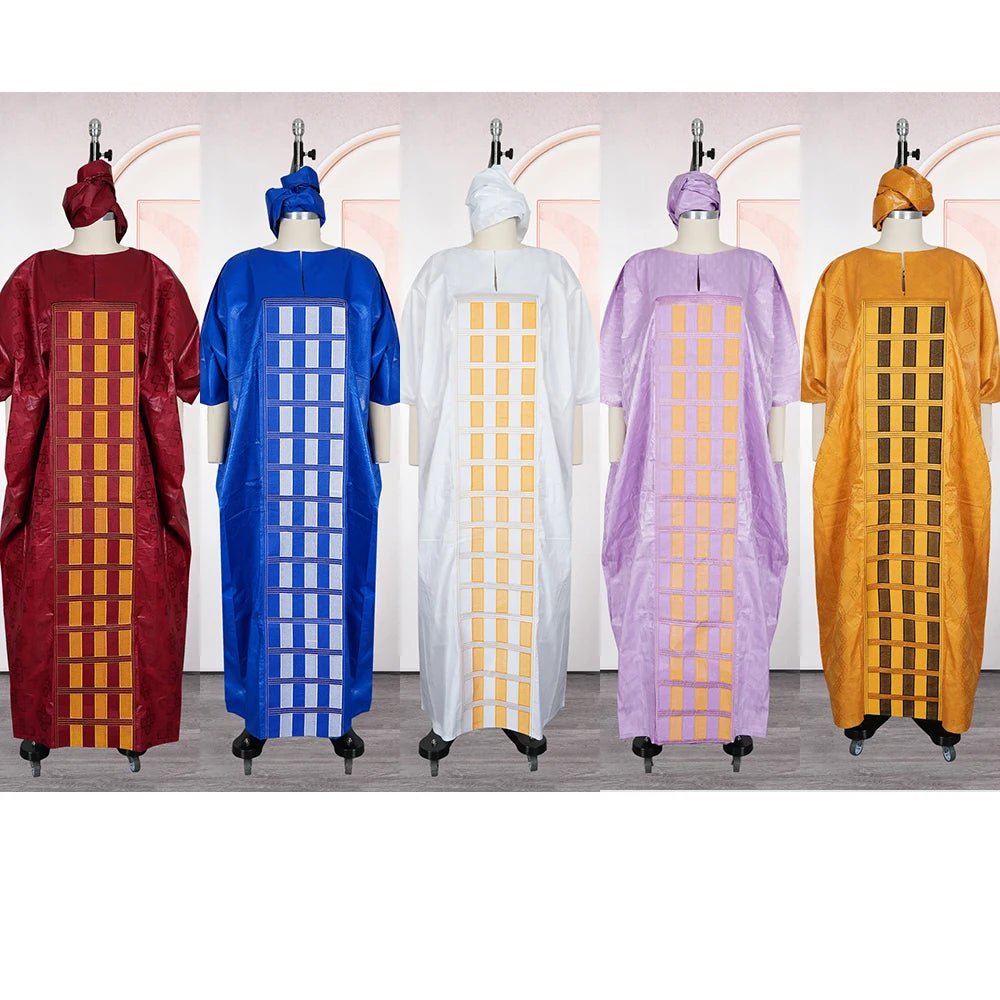 African Plus Size Kaftan Dress | Bazin Embroidery Puff Sleeve Muslim Robe | Wedding & Church