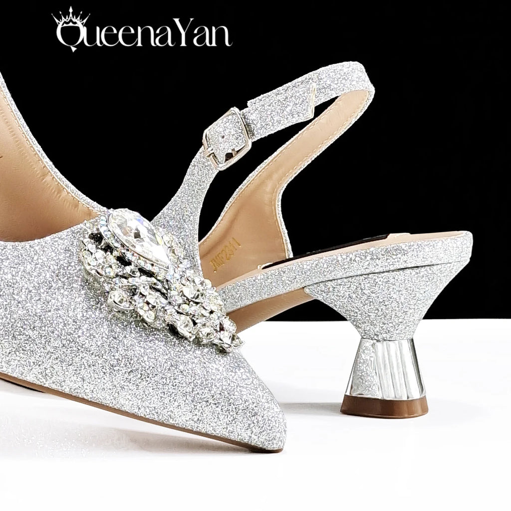 Italian Design Girly Style Silver Color Pointed Toe Wedding Shoes And Bag Full Diamond Decoration Handle Bag