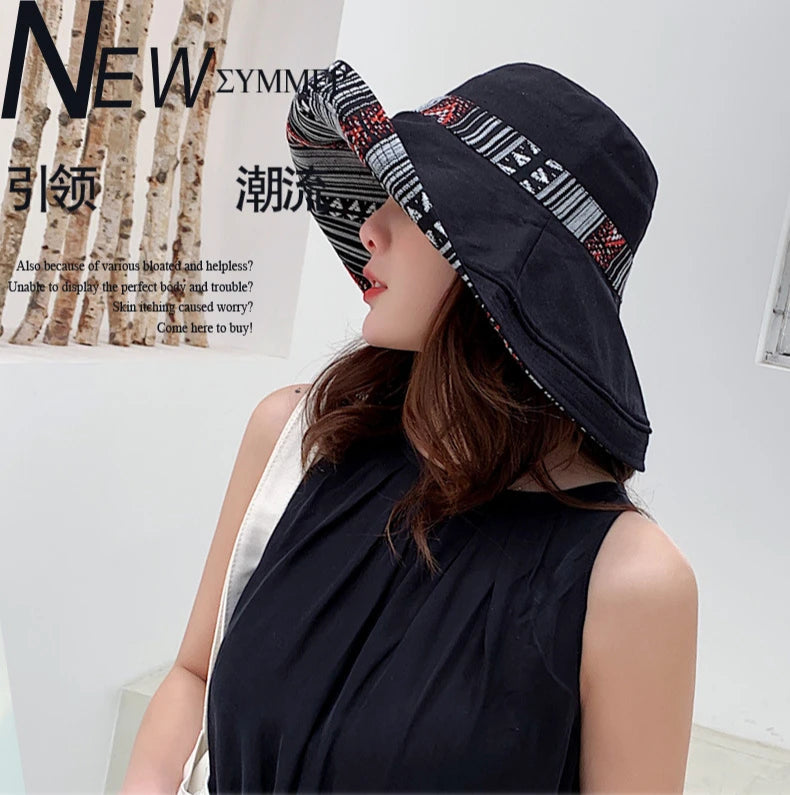 Hat Women's Summer Big Edge Double-Sided Sunshade Bucket Hat Korean Version Versatile Ethnic Style Travel Sun Protection Cap