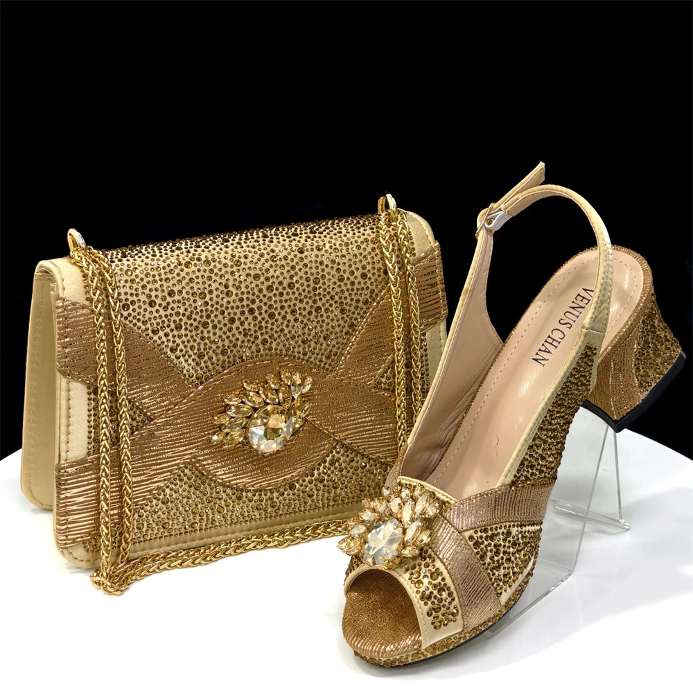 Elegant Women's Peep-Toe Heels and Matching Wine Color Diamond Pumps Set - Stylish Italian Shoes and Bags for Parties