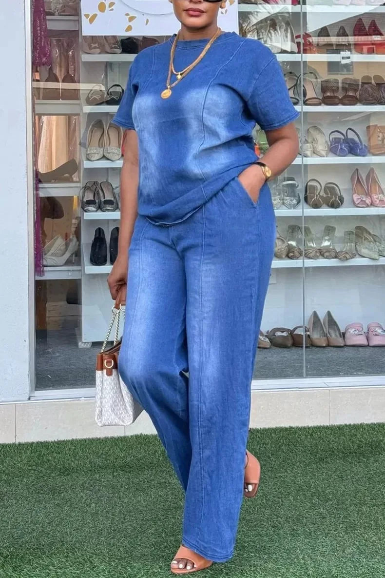 Women's Denim 2-Piece Set | Wide Leg Pants & Short Sleeve Top Streetwear | HotTrendyPicks