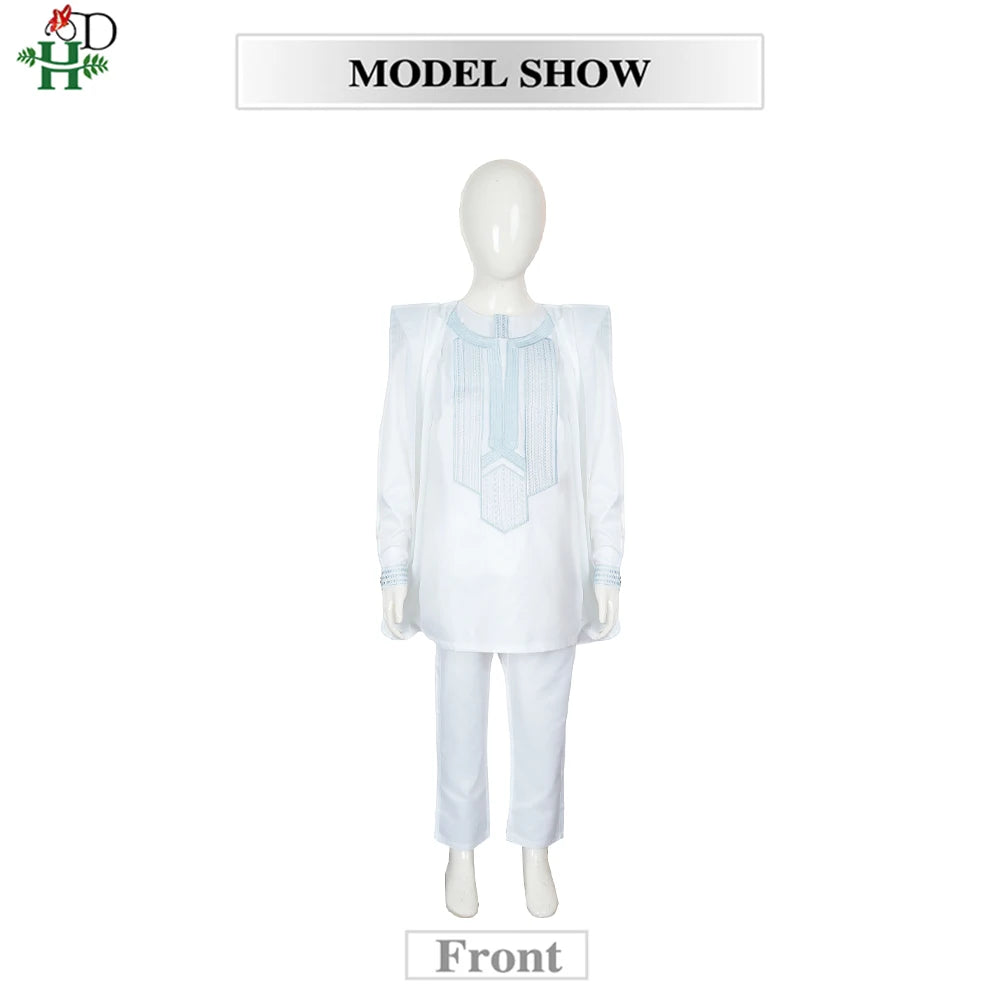 Boys White Blue Long Sleeve Tops Embroidery Dashiki Robe Shirt And Pant Set 3 PCS