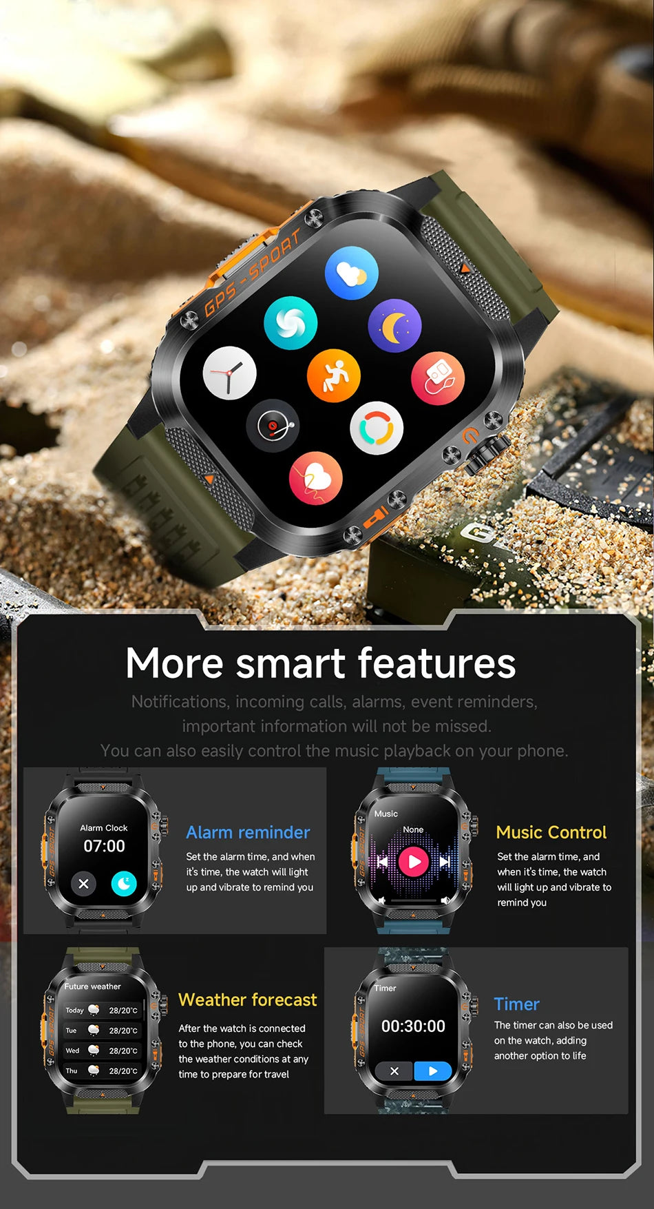 Military GPS Smartwatch Men | 2.01" AMOLED Flashlight Bluetooth 3ATM Waterproof