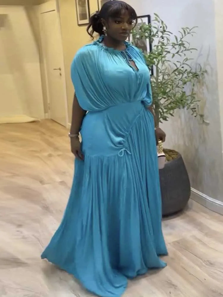 Long Summer Dress Woman High Waist Draped Chic Sky Blue Dress Straight One Piece Casual Elegant Maxi Dresses for Evening