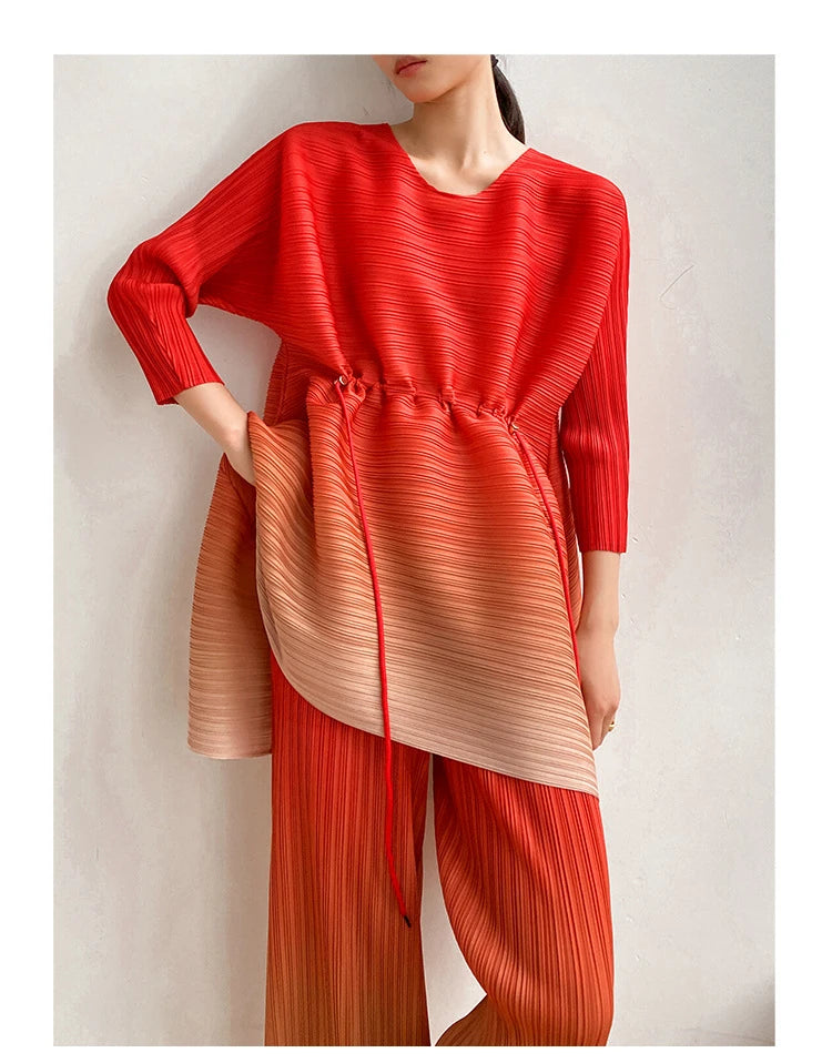 Miyake Fold Suit for Women 2024 Spring Summer Loose Foreign Style Two-piece Fashion Meat Shield Wide-leg Pants Two-piece Set