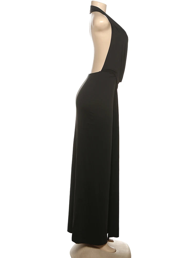 Sexy Backless Long Dress Women Halter Deep V-Neck Sleeveless High Splits Hem New Trend Pool Style Elegant Vestidos