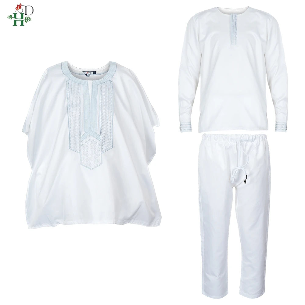 Boys White Blue Long Sleeve Tops Embroidery Dashiki Robe Shirt And Pant Set 3 PCS