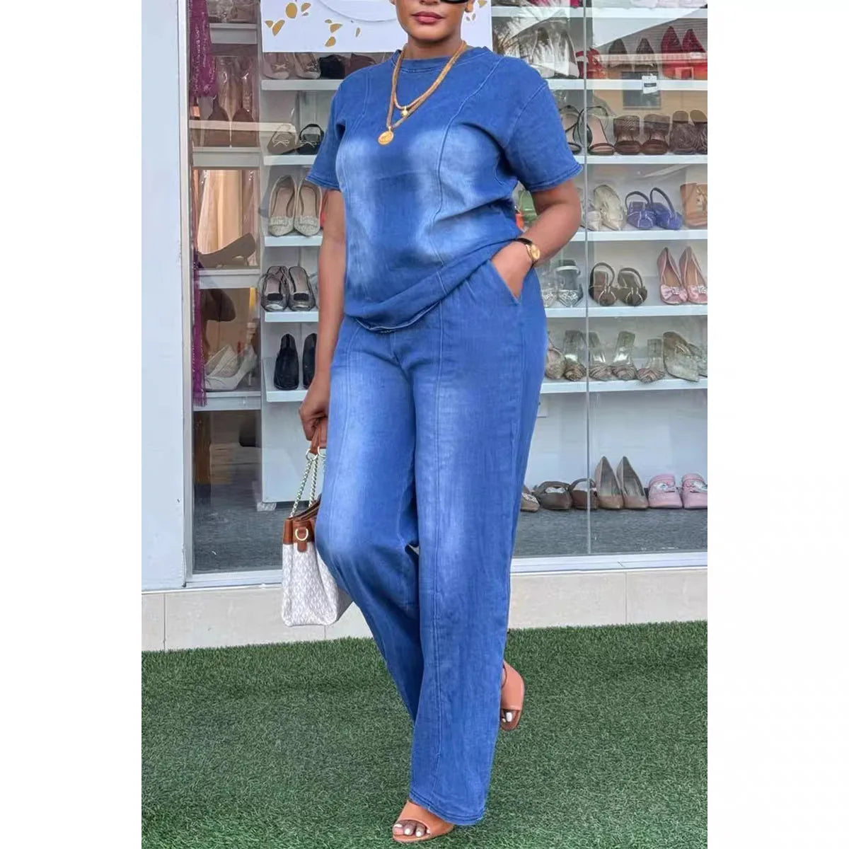 Women's Denim 2-Piece Set | Wide Leg Pants & Short Sleeve Top Streetwear | HotTrendyPicks