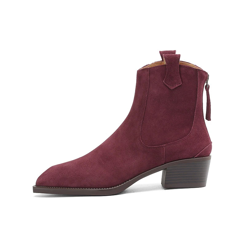 New 2025 Trend Autumn Cow Suede Women Western Boots Black Brown Khaki Chocolate Green Burgundy Pointed Toe Ladies Ankle Boots
